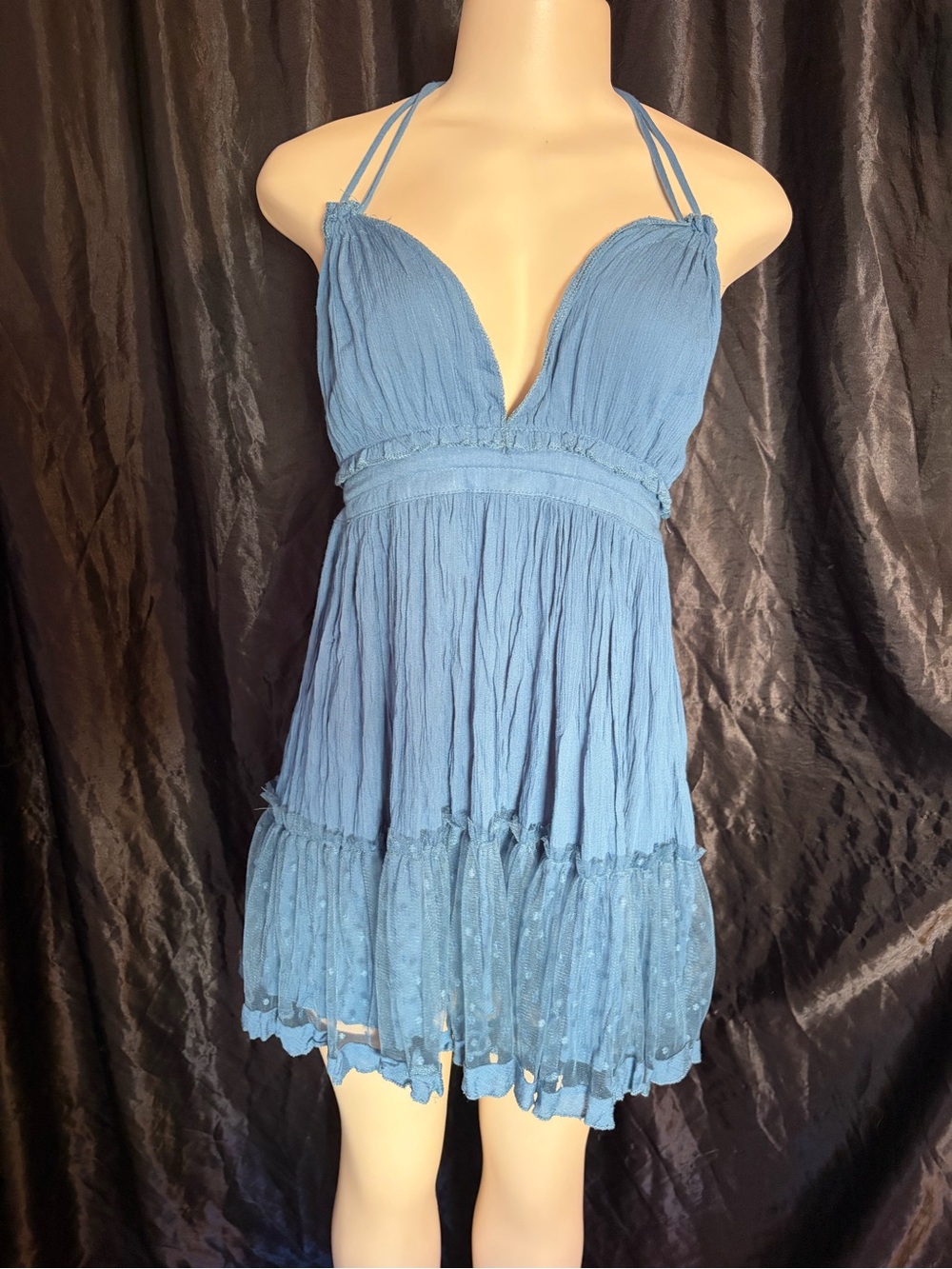 Light Blue Crinkle Halter Babydoll Dress